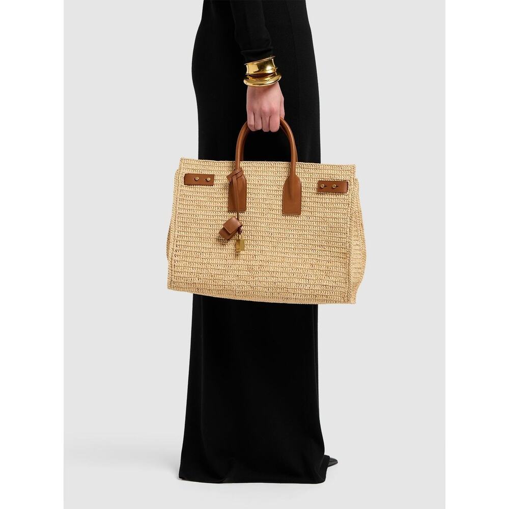 Saint Laurent Medium Sac De Jour Raffia Beige Brown Shoulder Top Handle Tote Bag - Picture 3 of 16